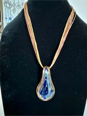 Murano Blue Swirl Glass Pendant Necklace with Tan and Gold Ribbon